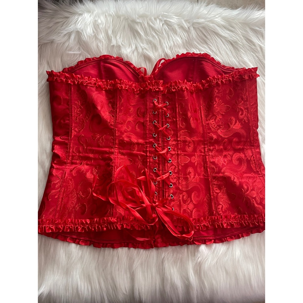 Women Red Victoria Style Satin Bustier Corset Floral Brocade Ruffled Trim 4XL - Picture 5 of 12